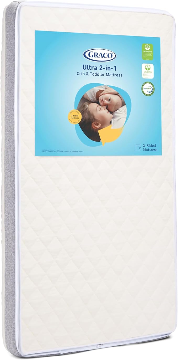 Graco Ultra 2-in-1 Premium Dual Sided Crib & Toddler Mattress - GREENGUARD Gold, CertiPUR-US Certified Foam, Machine Washable Cover with 100% Waterproof Surface, Fits Standard Baby Crib & Toddler Beds