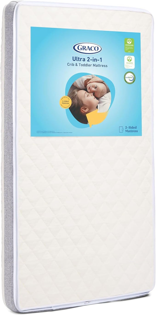 Graco Ultra 2-in-1 Premium Dual Sided Crib & Toddler Mattress - GREENGUARD Gold, CertiPUR-US Certified Foam, Machine Washable Cover with 100% Waterproof Surface, Fits Standard Baby Crib & Toddler Beds