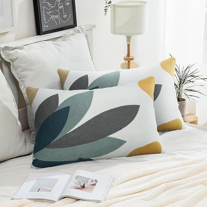 Merrycolor Boho Lumbar Throw Pillow Covers 12x20 Embroidered Abstract Mid Century Modern Pillowcases Bohemian Aesthetic Decorative Pillows for Couch Bed Sofa Living Room 1PC,Plant