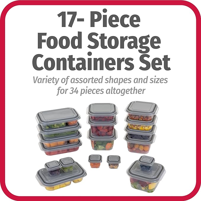 GoodCook EveryWare 34-Piece BPA-Free Plastic Food Storage Containers with Lids (Set of 17), Clear/Grey