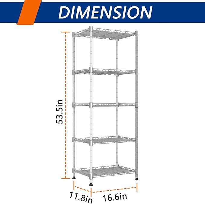 REGILLER 5-Wire Shelving Metal Storage Rack Adjustable Shelves,Standing Storage Shelf Units for Laundry Bathroom Kitchen Pantry Closet(Silver,11.8" D x 16.6" W x 53.5" H)