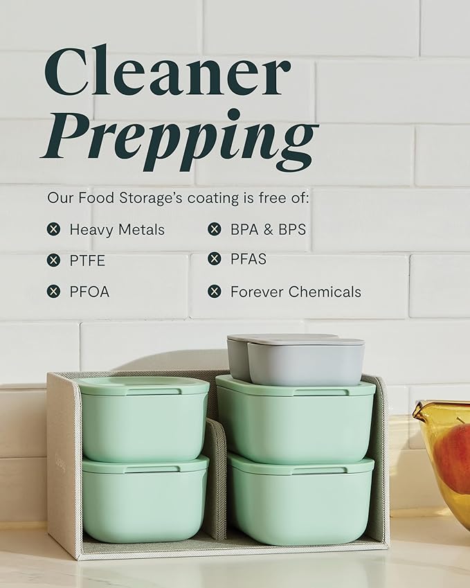 Caraway 6pc Food Storage Container Set - 1.75 Cup Glass Storage Container for Food (6) - Non-Toxic Ceramic-Coated Glass - Air Release Technology - Compact & Stackable Design - Mist