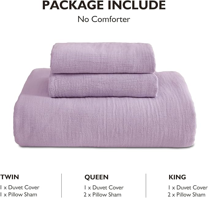 EMME Muslin Cotton Duvet Cover Set Lavender Queen Size Linen Like Soft Breathable Lightweight Summer Comforter Cover Set with Zipper Closure (Lavender, Queen, 90"x90")