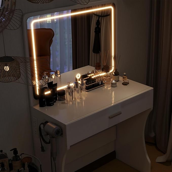 Vanity Desk, Makeup Vanity with LED Light Mirror, Small White Vanity with a Super Large Drawer and Power Outlet, 3 Color Lighting Modes Makeup Table for Bedroom, Dressing Room (White1)