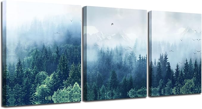 Arjun Forest Wall Art Misty Indigo Blue Landscape Canvas Painting Mountain Pine Tree Nature Birds Pictures Scenery Framed for Living Room Bedroom Bathroom Home Office Wall Decor, 12"x16"x3 Panels