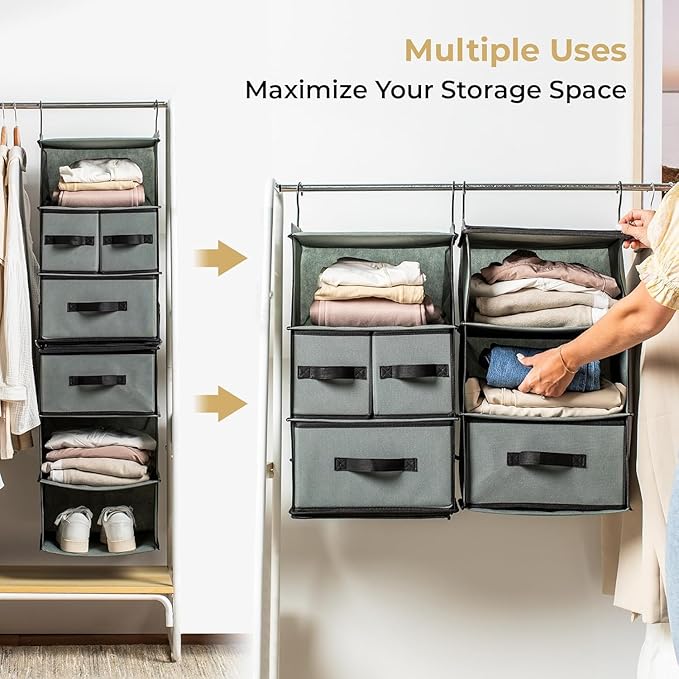 SMIRLY 6 Shelf Hanging Closet Organizer Hanging Shelves, Closet Hanging Organizer with 2 Sturdy Hooks for Wardrobe, Nursery, Storage (Grey, Separate)