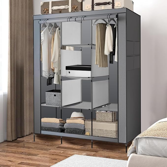 PLKO Portable Closet, Wardrobe Closet Organizer,Portable Clothes Closet Rolling Door Wardrobe with Grey Oxford Fabric Cover for Bedroom, (Grey)