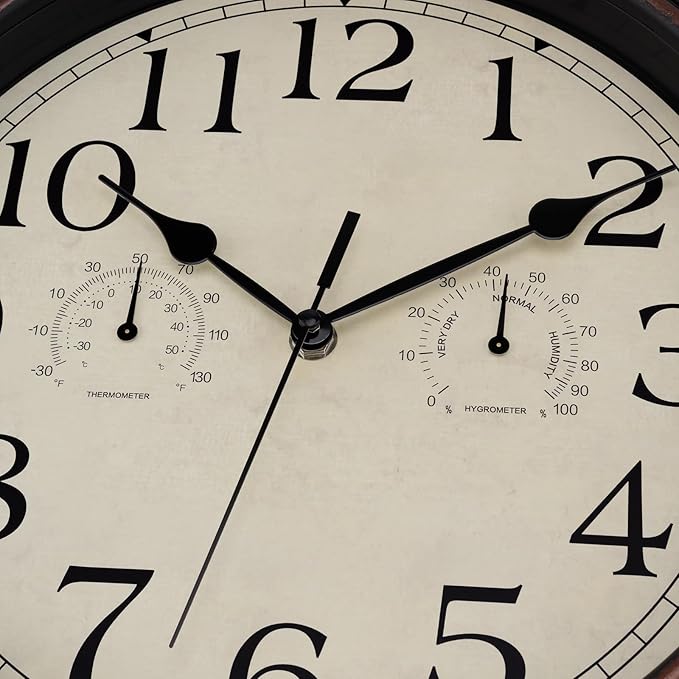 Foxtop Indoor Outdoor Waterproof Wall Clock with Thermometer and Hygrometer Combo, 14 Inch Retro Silent Non-Ticking Battery Operated Quartz Round Outdoor Clocks for Patio Home Office (Bronze)