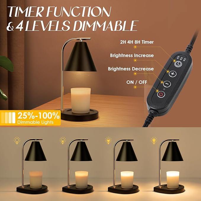 Candle Warmer Lamp with Timer, Dimmable Candle Lamp for Small and Large Jar Candles, Modern Candle Warmer Lamp with 2 Bulbs(Black Gold)