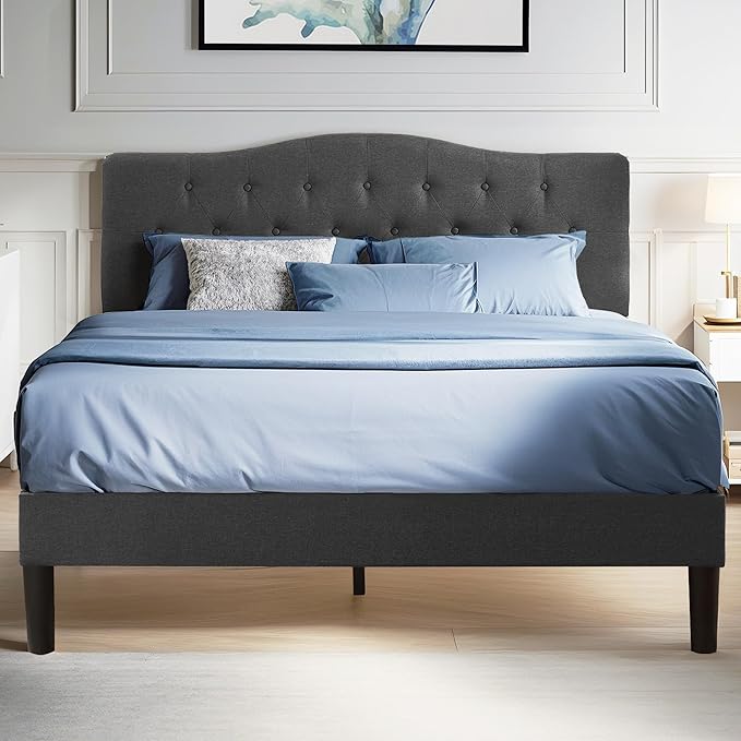 VECELO Queen Size Bed Frame Upholstered Platform with Tufted Adjustable Headboard/Mattress Foundation with Wood Slat Support, Easy Assembly