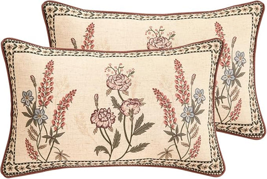Design Linen Vintage Throw Pillow Covers 12"x20" Pack of 2, Rectangle Cushion Covers with Red Purple Flowers Green Leaves Pattern Decoration Pillowcases for Bed,Living Room,Outdoor,Car