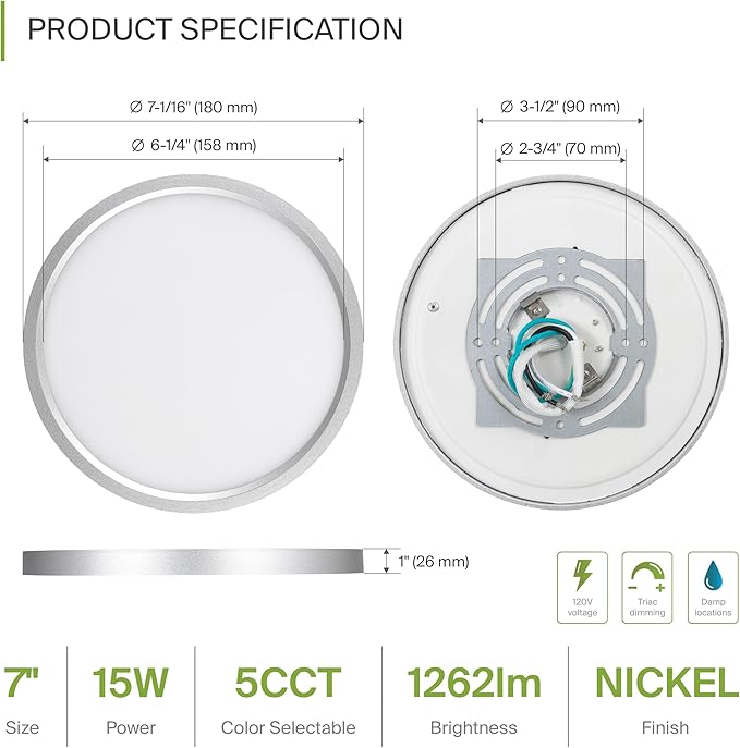 ASD LED 7" Round Flush Mount Ceiling Light Fixture, Low Profile Surface Lighting | 5CCT, Dimmable, Ultra-Thin, ETL Listed | 15W 1260LM 2700-6000K 120V | Kitchen, Bedroom, Hallway Lamp | Nickel, 6 Pack