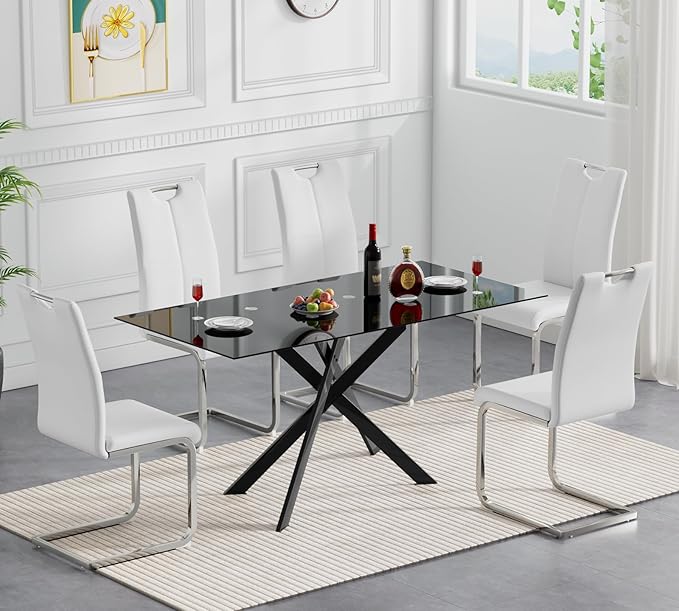 Goujxcy Modern Glass Dining Table Set for 4, Black Glass Kitchen Table and Chairs Set, 5 Piece Dining Room Table Set with 51" Rectangle Dinner Table and 4 White Leather Dining Chairs