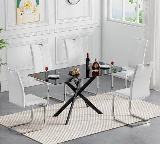 Goujxcy Modern Glass Dining Table Set for 4, Black Glass Kitchen Table and Chairs Set, 5 Piece Dining Room Table Set with 51" Rectangle Dinner Table and 4 White Leather Dining Chairs