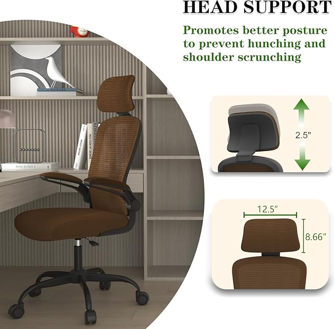 Ergonomic Mesh Home Office Chair | High Back Computer Desk Chair with Adjustable Lumbar Support & Headrest | Swivel Task Chair with Flip-Up Armrests for Home & Office, Brown