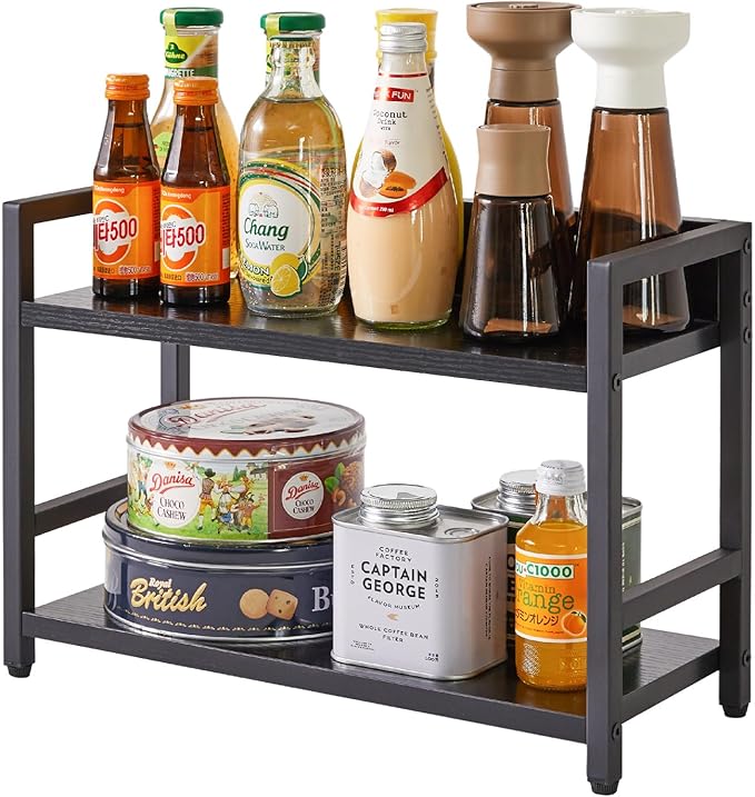 IBUYKE 2-Tier Spice Rack Industrial Counter Shelf Desktop Storage Organizer Standing Seasoning Rack for Countertop Kitchen Office Living Room Desktop Black UTLJ002B