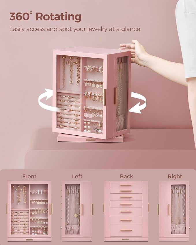 360° Rotating Jewelry Box with 7 Drawers, Spacious Vertical Jewelry Organizer with Glass Window, Jewelry Storage Case, Dustproof & Moisture-resistant Design, Pink