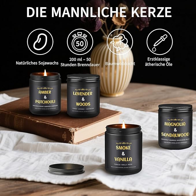 Scented Candles for Men, 4 Pack Mens Candle Gift Set, Relaxation Candles for Home Scented, 28oz Soy Wax Aromatherapy Candles of Lavender/Patchouli/Sandalwood/Smoke & Vanilla