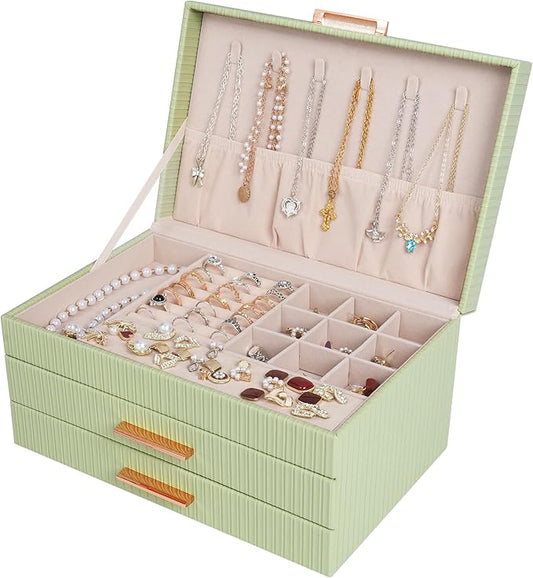 Dajasan Jewelry Organizer Box, Jewellery Boxes for Women, 3-Tier Jewelry Storage Organizer for Earring, Ring, Necklace, Bracelets (Avocado Green)