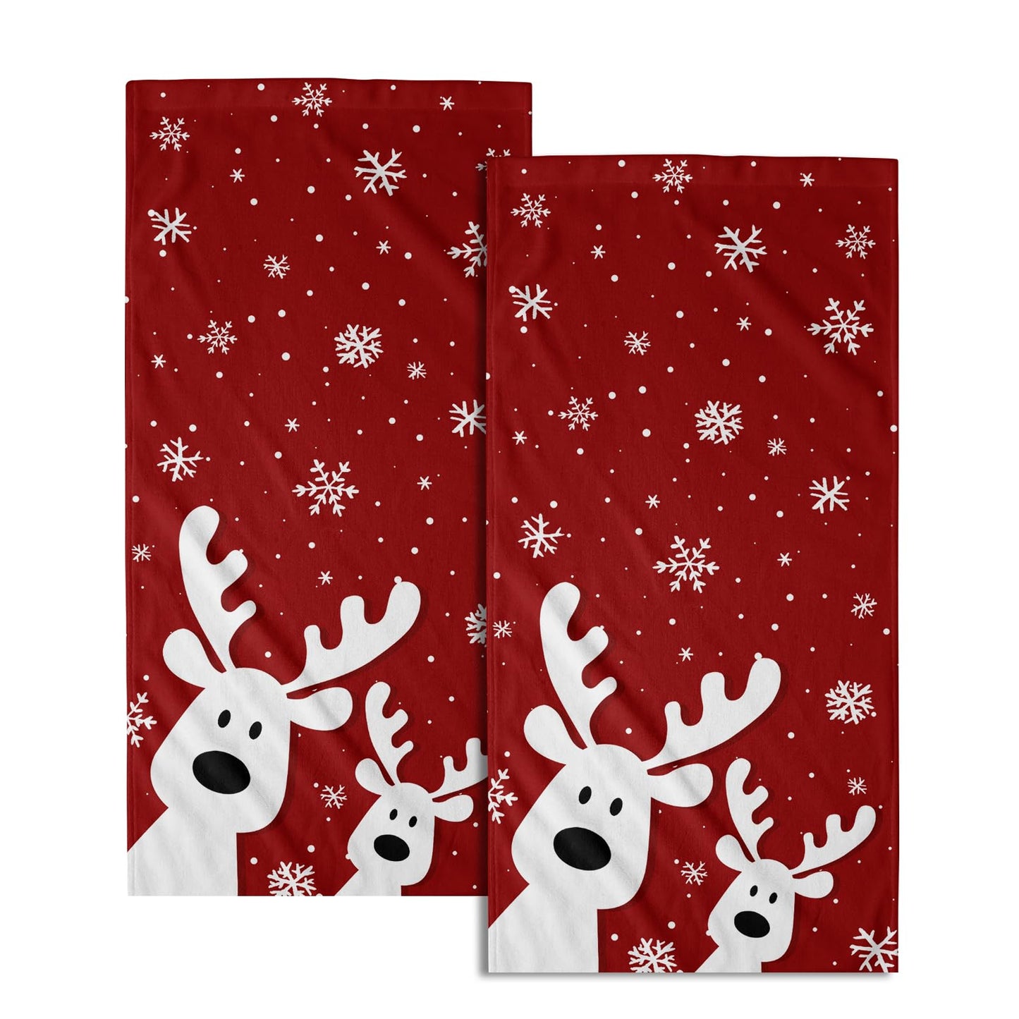 Christmas Reindeer Hand Towels Set of 2, 28x14 Inch Funny Xmas Deer Snowflakes Red Soft Absorbent Tea Towel Washcloths for Kitchen Bathroom Winter Holiday Home Decor and Gifts