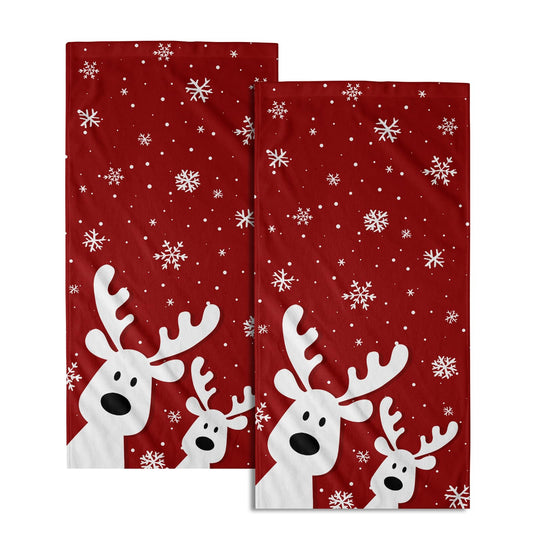 Christmas Reindeer Hand Towels Set of 2, 28x14 Inch Funny Xmas Deer Snowflakes Red Soft Absorbent Tea Towel Washcloths for Kitchen Bathroom Winter Holiday Home Decor and Gifts