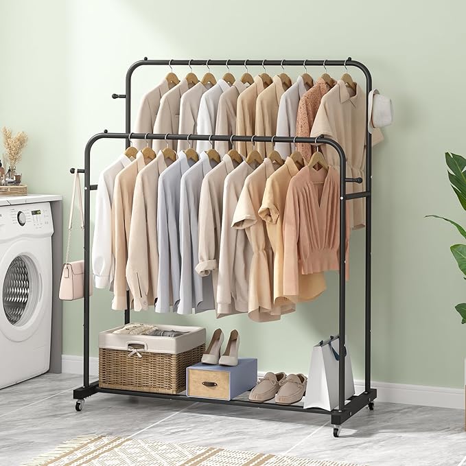 Laiensia Double Rods Garment Rack with Wheels, Clothing Rack for Hanging Clothes,4 Hooks, Multi-functional Bedroom Clothes Rack, Black