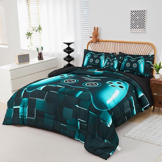 PERFEMET Gamer Bedding Set Twin Size 6-Piece Teal Blue Game Console Bed in A Bag for Boys Kids Teen 3D Black Gamepad Gaming Bedroom Collections(Teal, Twin)