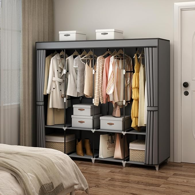 Portable Closet Wardrobe, 67-Inch Clothes Organizer with 4 Hanging Rods and 8 Shelves, Non-Woven Fabric Cover, Large Capacity Storage for Bedroom and Living Room, Grey