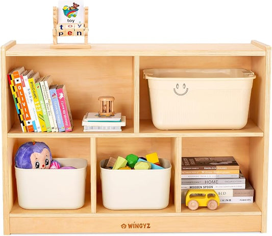 wingyz Wood Storage Shelf Organizer, 35.4" L, 5-Section Montessori Kids Toy & Book Shelf, Wooden Cabinet for Kids Rooms, Playroom, Classroom, Nursery, Preschool Furniture - Nature