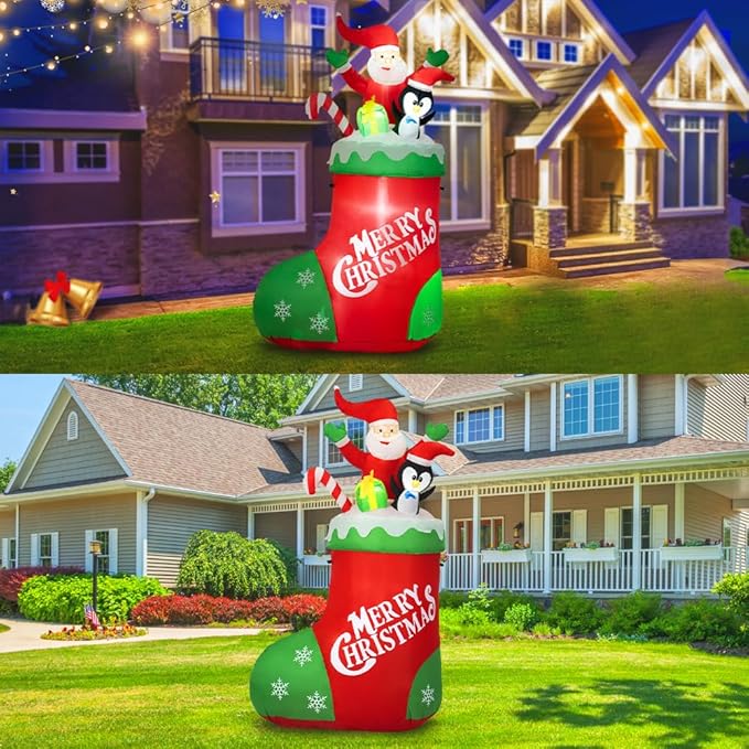 7FT Christmas Inflatable Socks with Santa Inflatable Outdoor Christmas Decorations Blow Up Yard Decoration with LED Lights for Christmas Fun Holiday Party Yard Garden Lawn Decor