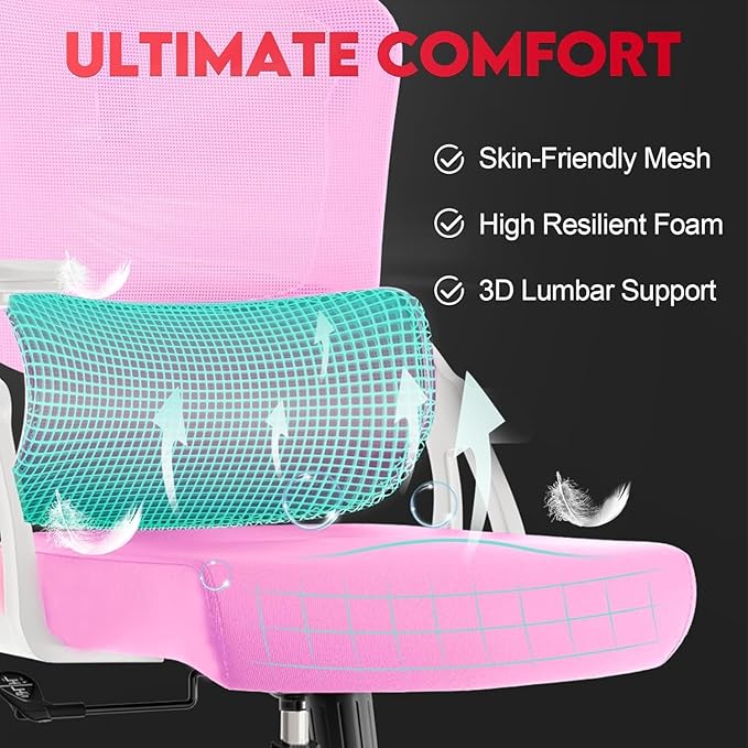 Ergonomic Office Chair - 400LB Comfy Desk Chairs with Headrest and Back Support, Heavy Duty Mesh Computer Chairs with Wheels and Arms for Home Office, Study, Bedroom and Dorm (04Pink)