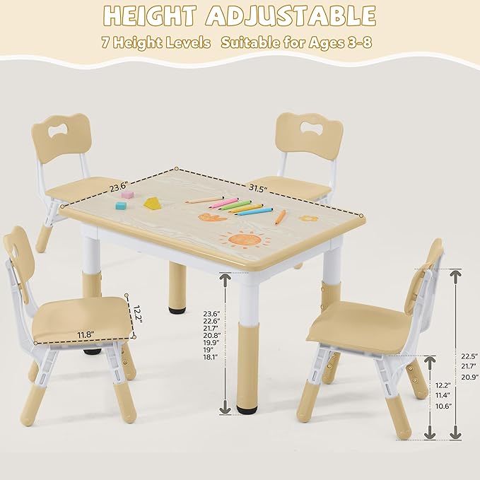 Adjustable Kids Table Chairs Set – Graffiti Desktop, Multi-Activity Height-Adjustable Toddler Study Desk for Ages 3-8 – Ideal for Home, Classroom, Daycare (W-Brown, 4 Chairs-31.5" L x 23.6" W)