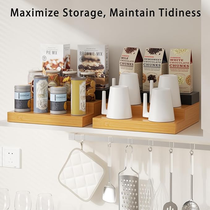 Spice Rack, Bamboo Spice Rack Kitchen Cabinet Organizer Expandable - Bamboo 3 Tier Figurine Display Shelf, Adjustable Magnetic 3 Tier Spice Racks, Brown & Black Combination