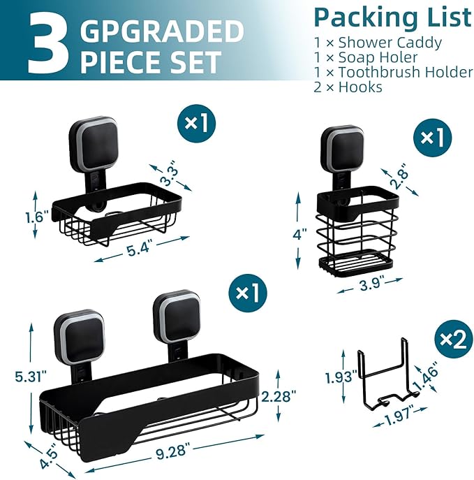 TAILI Shower Caddy Suction Cup 3 Pack, Stainless Steel Rustproof Shelves with Soap Holder Set, Drill-Free Wall Mounted Basket, Heavy Duty Removable Bathroom Organizers & Home Decor, Black