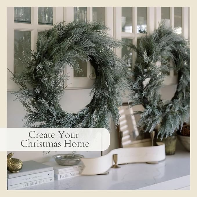 CG Hunter Holiday Collection Flocked Cedar Wreath, Premium Artificial Indoor and Outdoor Large 30" Flocked Cedar Christmas Wreath, Christmas Decorations and Holiday Greenery