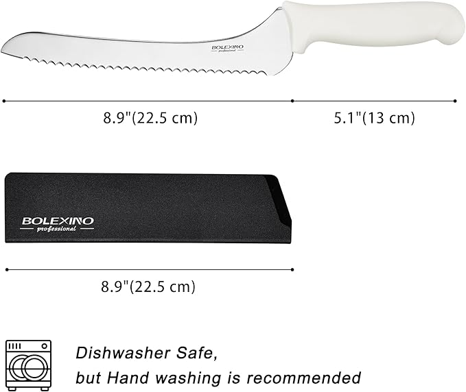 9 Inch White Offset Serrated Bread Knife Wavy Edge knife, High Carbon Stainless Steel Multi-Purpose Kitchen Knife for Homemade Bread, Crusty Breads, Cake, Bagel