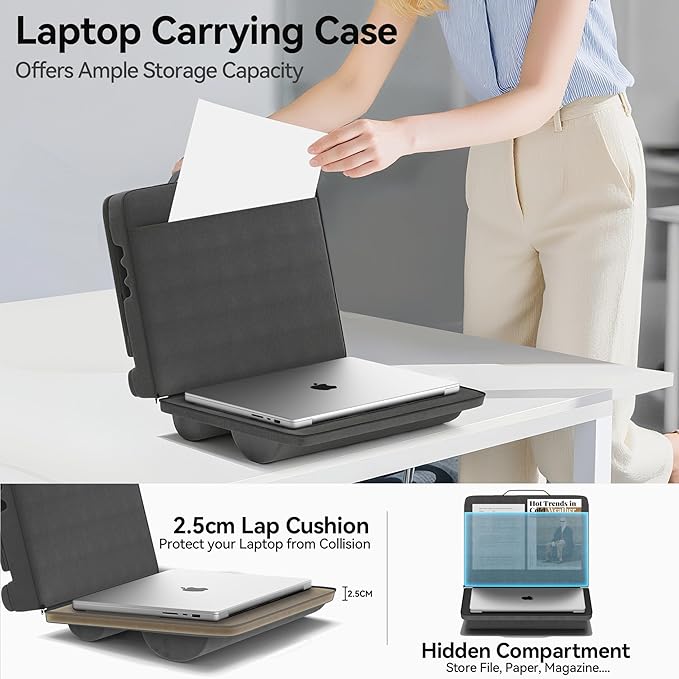 Laptop Lap Desk with Cushion, Adjustable Lap Desk Pillow with Storage, Portable Lap Table for Adults Student, Laptop Stand for Bed Office College Dorm Home Room Couch, Fit Up to 14.9" PC Tablet, Black