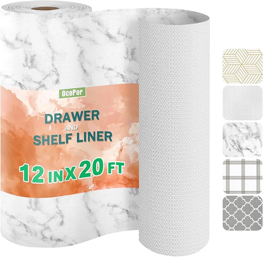 OcePor Non-Adhesive Drawer and Shelf Liner 12IN x 20FT，Non Slip Cabinet and Cupboard Liner, Kitchen Cabinet Liners for Shelves, Waterproof Drawer Shelf Liners for Cabinets/Bathroom Cupboard, Marble