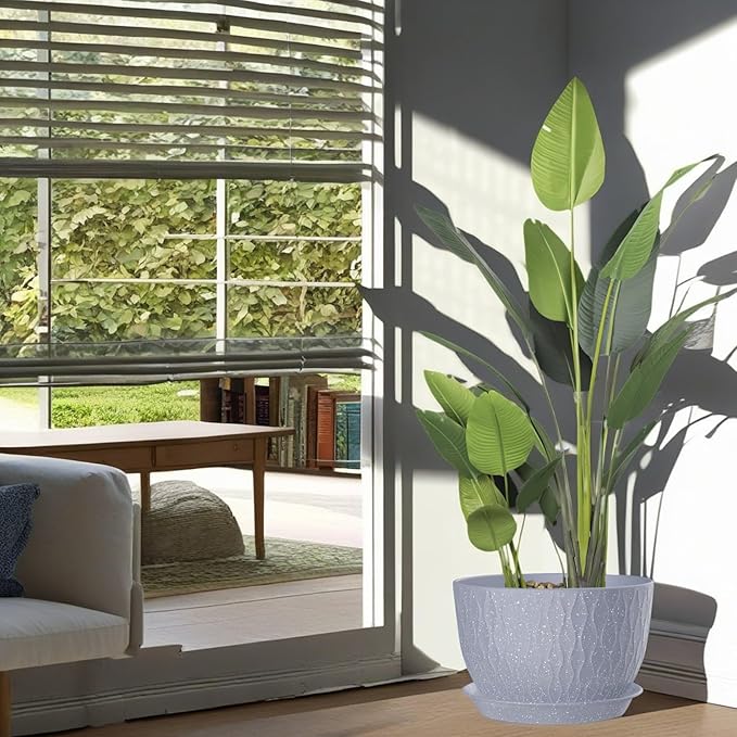 12/10/9 Inch Plant Pots, 3 Pack Large Flower Pots for Indoor and Outdoor Plants with Water Ripples, Large Plastic Flower Pots with Drainage Holes and Tray for Garden Indoor Plants