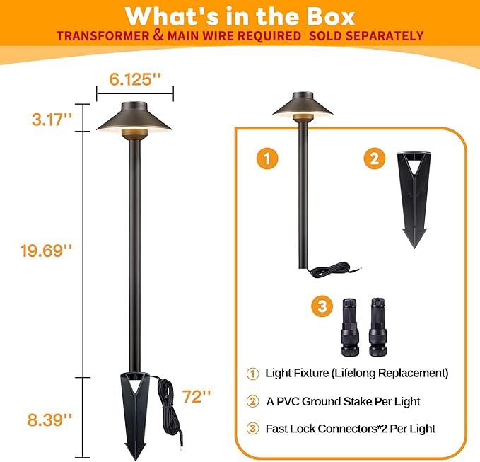 Brass Low Voltage Path Lights - 12V Landscaping Pathway Lamp IP65 Waterproof, Wired Walkway Lighting Outdoor, LED Mushroom-top Bronze for Lawn Backyard Garden G4 Bulb Not Included (8 Pack)