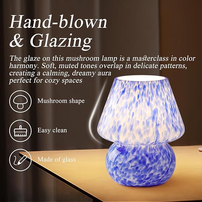 Mushroom Table Lamp, Ocean Blue Translucent Glass - Cute Mid-Century Modern Bedside Light, Nightstand Lamp for Bedroom & Living Room - Nordic Coastal Aesthetic Home Decor with Sleek Design