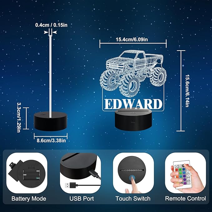 Customize Monster Truck Night Light, 3D Night Lights for Children, Monster Trucks for Boys, 16 LED Colors Changing Lighting, Car Shape Acrylic Lighting Table Desk Bedroom Decoration