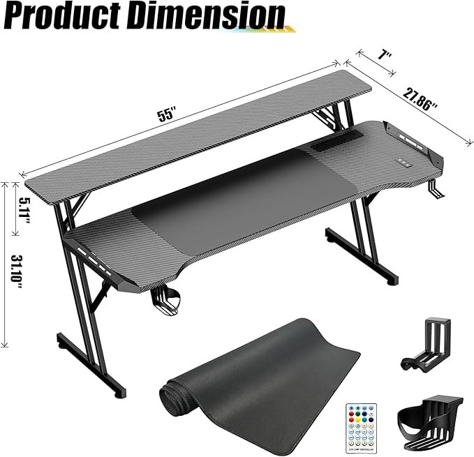 55 Inch Gaming Desk, Smart Computer Gamer Desk with LED Lights & Mouse Pad, Gaming Table with Power Outlet, Monitor Stand, Side Hook, Ergonomic Work Desks for Home Office, Carbon Fiber Black