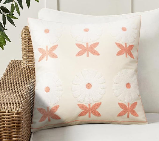 Merrycolor Boho Embroidered Throw Pillow Covers 18x18 Pink Flower Pillow Covers Textured Square Cushion Case Farmhouse Decorative Pillow Covers for Couch Bed,1PC, Beige and Pink Floral