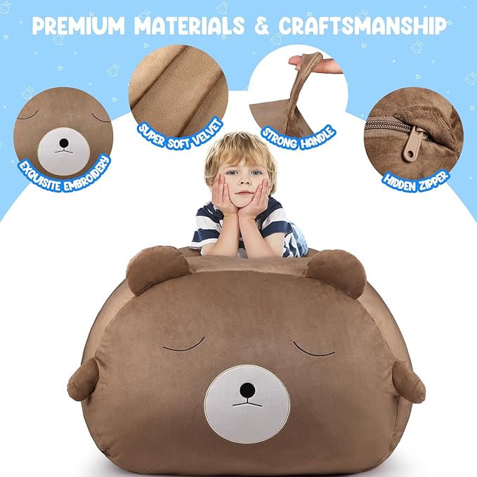 GAGAKU Stuffed Animal Bean Bag Cover Toy Storage, 24 Inches Kids BeanBag Brown Bear Large Zipper Bean Bag for Organizing Kids Plush Toys Home Supplies