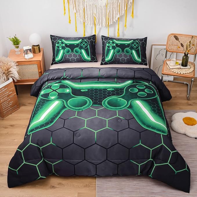 NTBED Game Console Comforter Set for Boys Girls Kids Geometric Lightweight Microfiber Bedding Sets (Green, Twin)