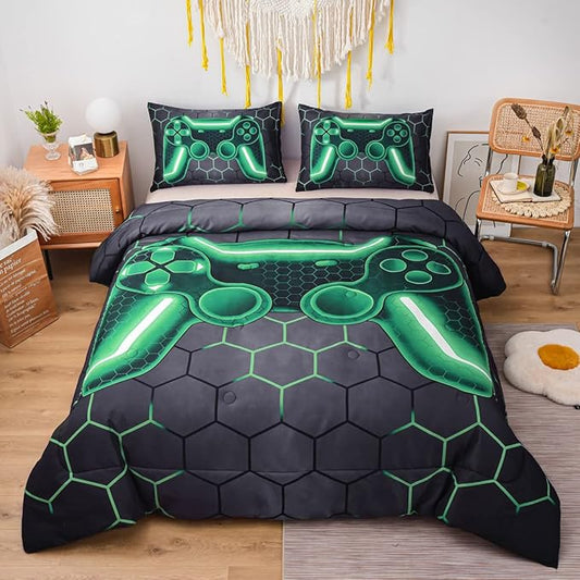 NTBED Game Console Comforter Set for Boys Girls Kids Geometric Lightweight Microfiber Bedding Sets (Green, Full)