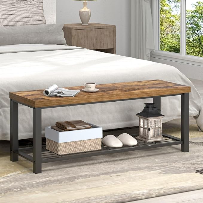 EXCEFUR Entryway Bench, Modern Wood and Metal Storage Bench for Hallway Front Door Entrance, Industrial Indoor Shoe Rack Bench Seat for Living Room Bedroom, 43.3 Inch Rustic Brown