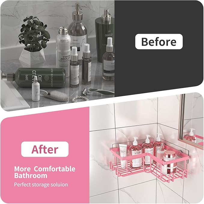 Adhesive Corner Shower Caddy - No Drilling Shower Shelves-Rustproof, Organizer for Bathroom with Soap Holder. Pink