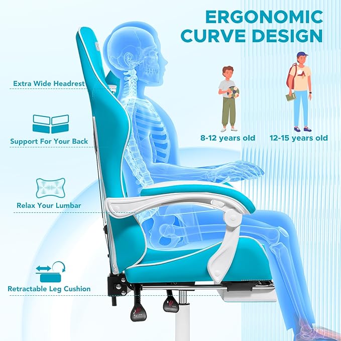HOFFREE Massage Gaming Chair for Kids Computer Gamer Chair with Footrest and Lumbar Support Reclining PC Game Chair with Headrest for Gaming Room Light Blue and White